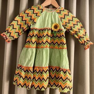 Petit Ami - 2T - Toddler Girl’s Chevron Patterned Dress with Flower Accent
